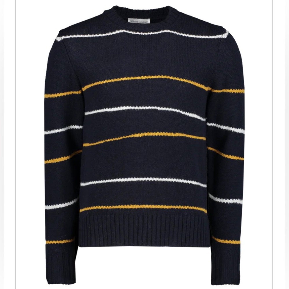 Officine Générale Marco Stripe Wool Blend Sweater in Navy/Gold/Ecru XXL